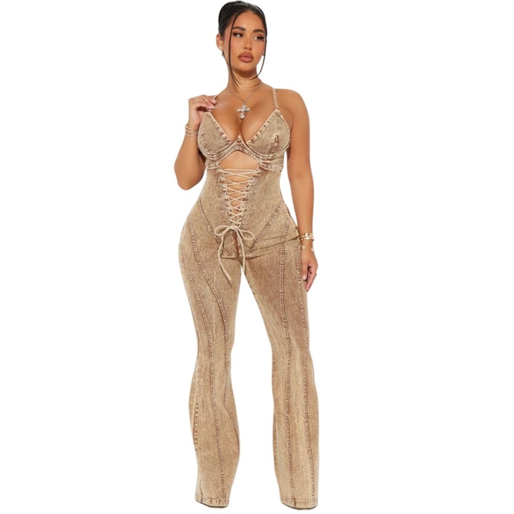 Fashion Nova Jumpsuit Womens M Tan Level You Up Washed Denim Lace Up Flare Leg
